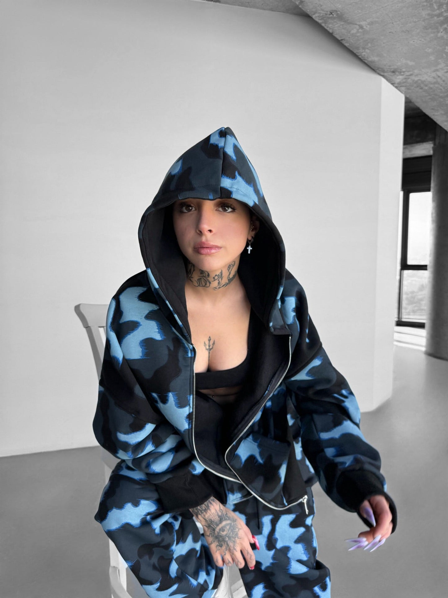 Women Oversize Camouflage Zipper Hoodie - Blue