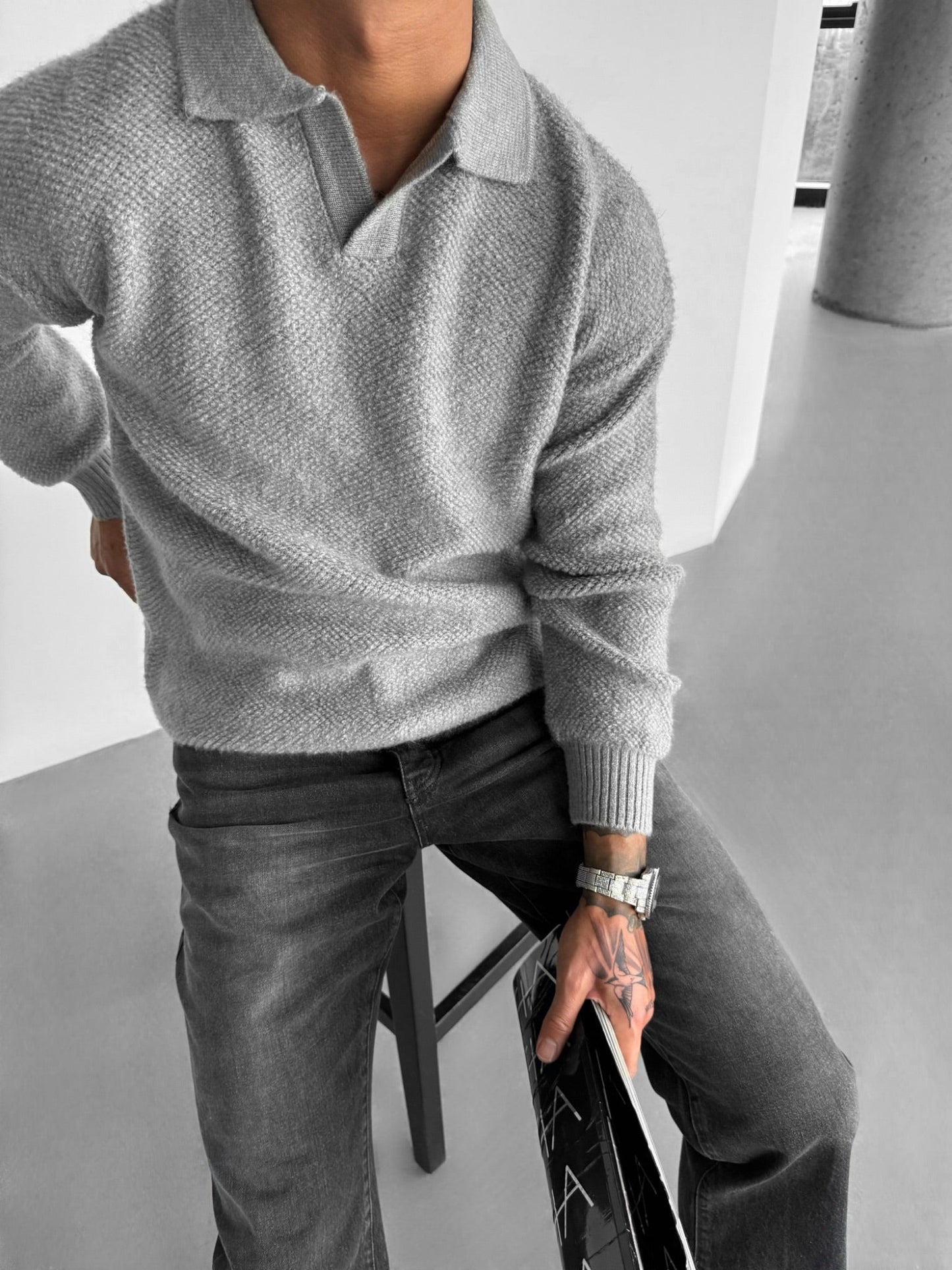 Knit Collar Brushed Pullover - Grey