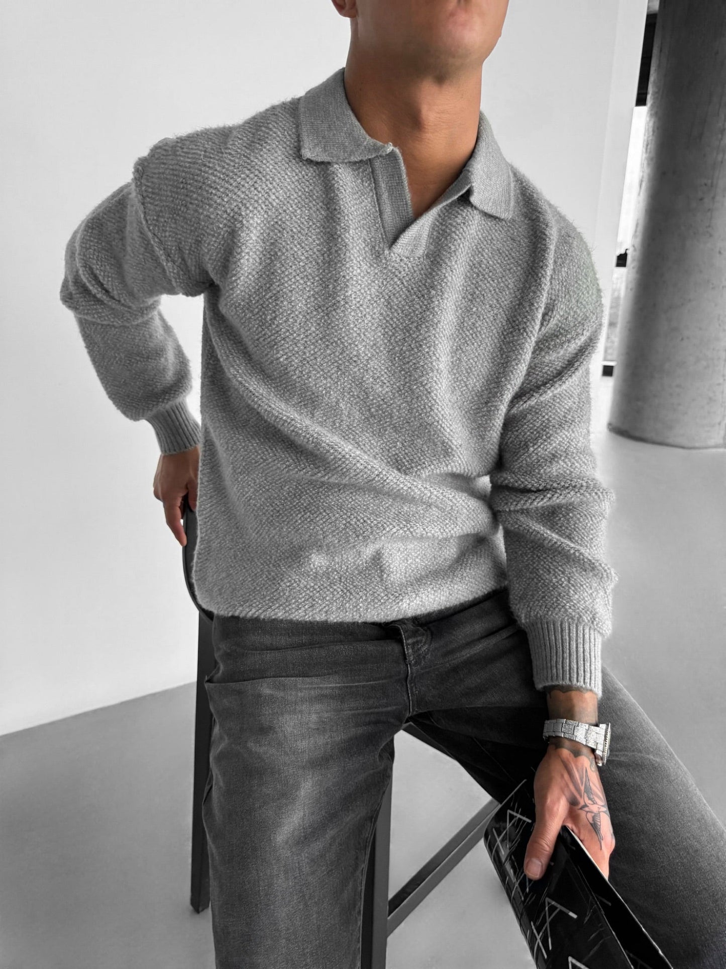 Knit Collar Brushed Pullover - Grey