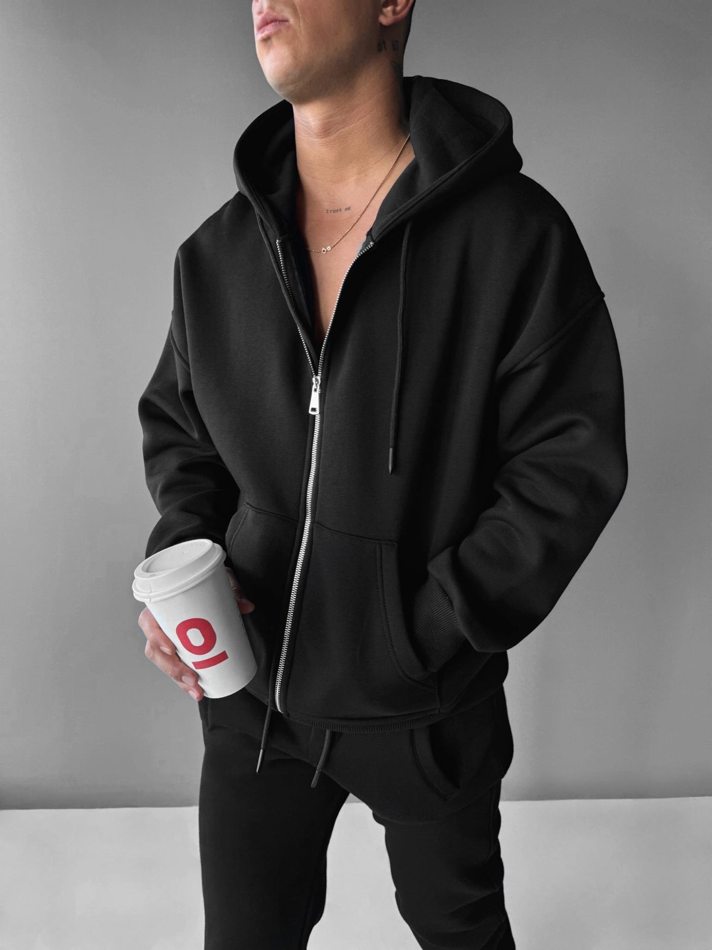 Oversize Basic Zipper Hoodie - Black