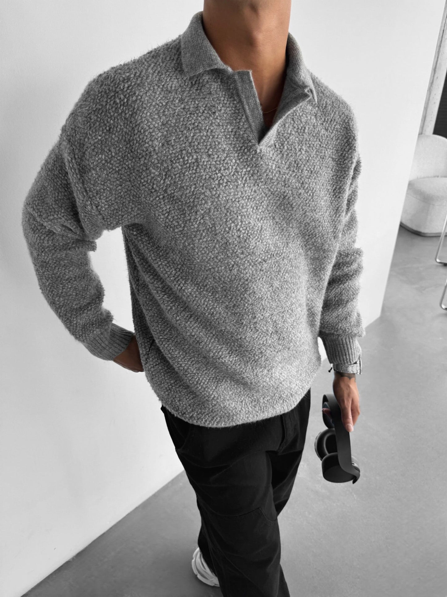 Knit Collar Brushed Pullover - Grey